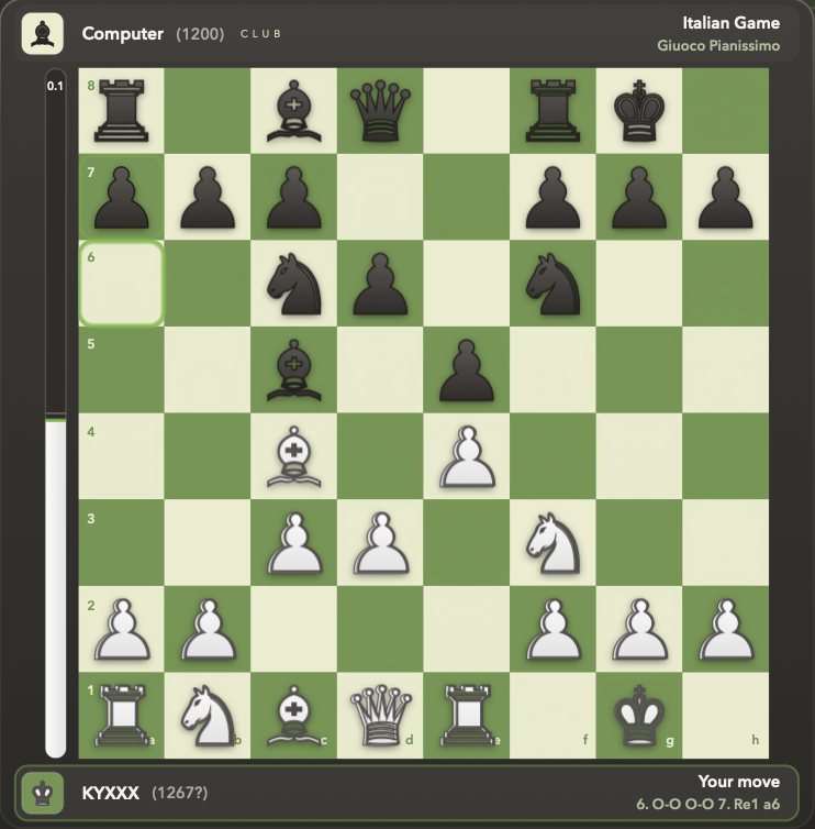 The board in Gambit's compact view, mid-game in the Italian Game, Two Knights Defense, with each square glowing to the sound.