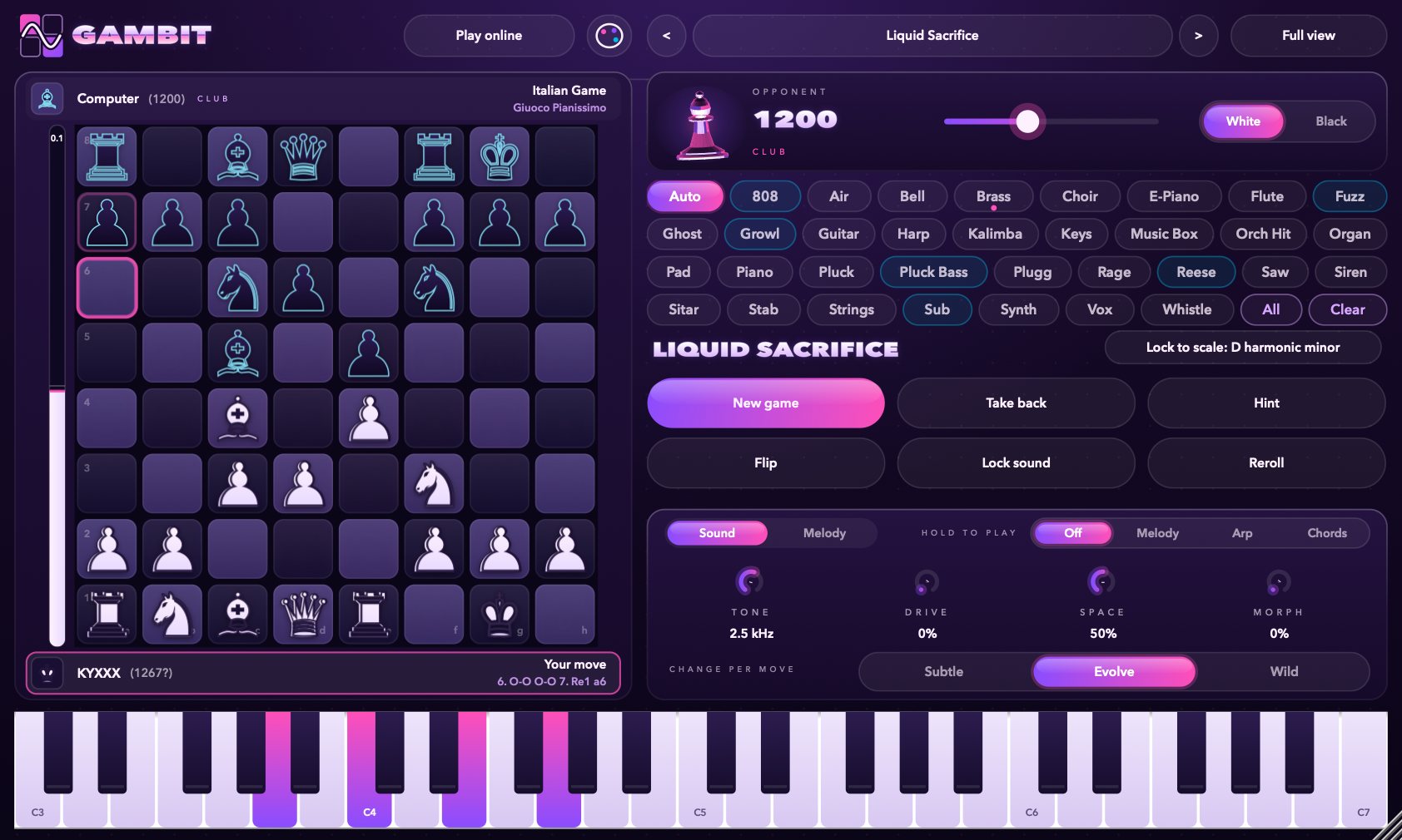 Gambit in the purple-and-pink Vaporwave theme, playing a Sicilian Dragon.