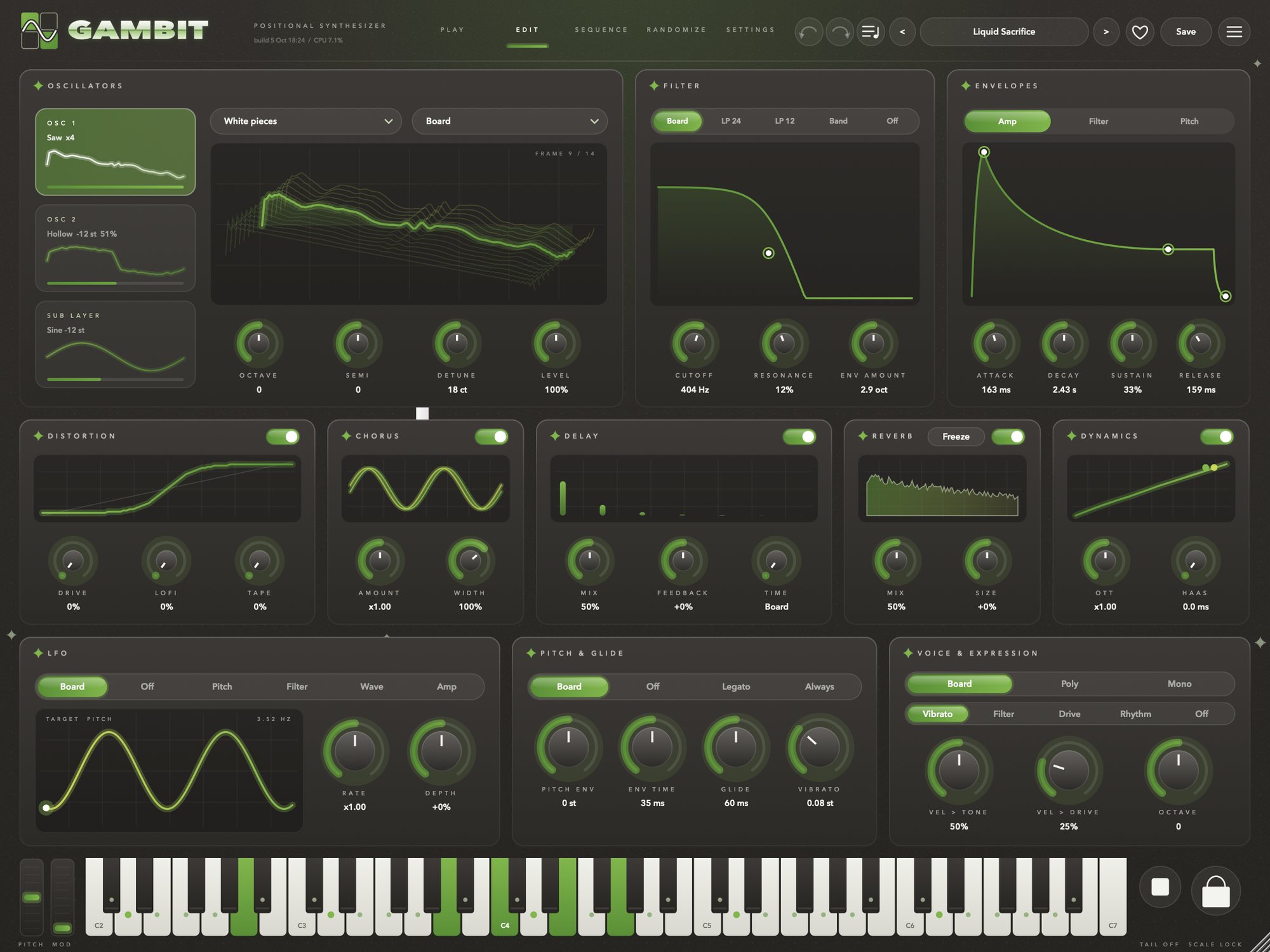 The Edit page: oscillators, filter, envelopes, effects rack, LFO, pitch and voice controls.