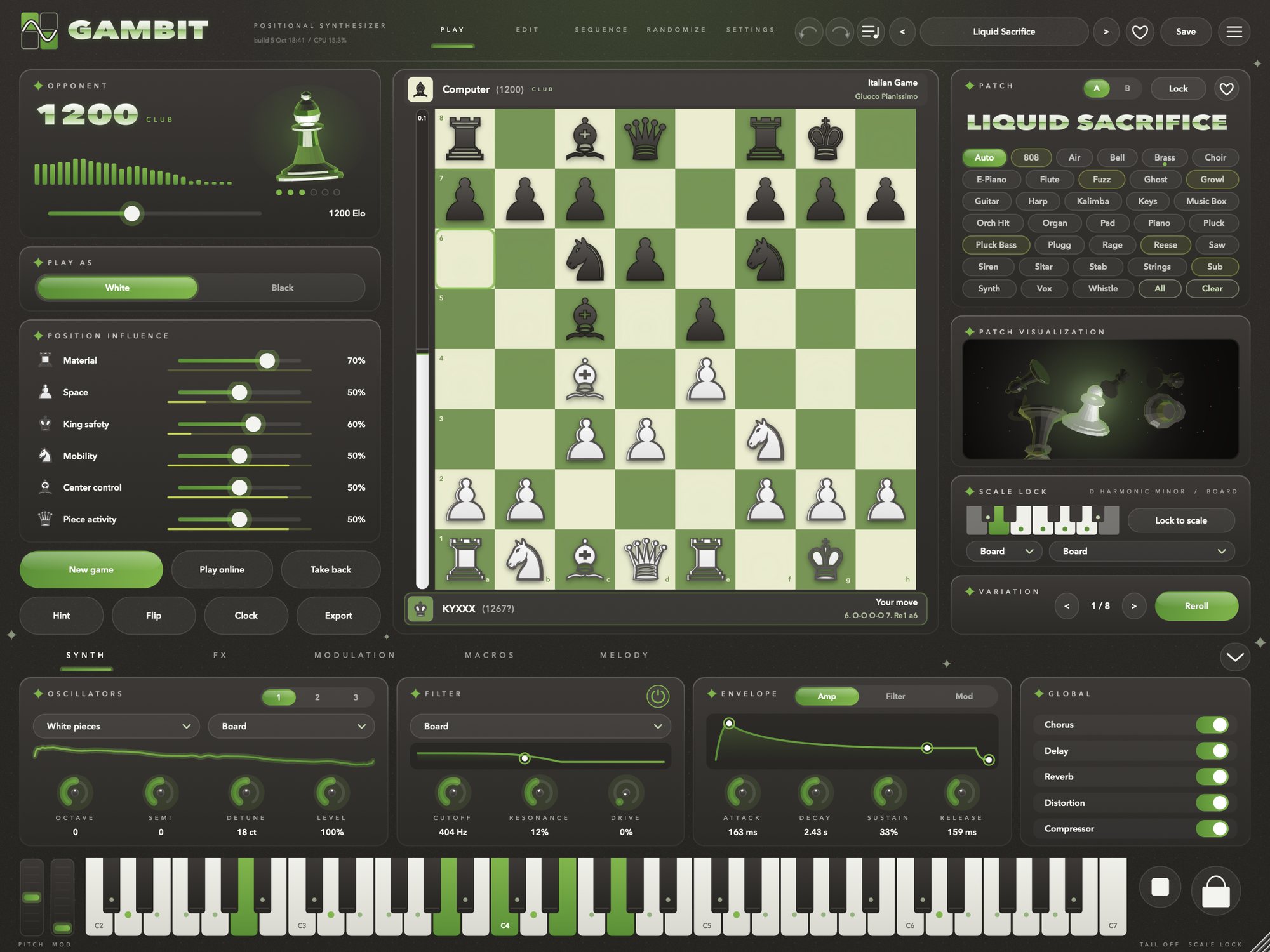 Gambit's full view: a chessboard in the centre, the opponent's Elo and position-influence sliders on the left, the generated patch name, instrument picker and 3D patch visualiser on the right, and synth panels and a keyboard along the bottom.
